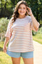 Pink Stripe Waffle Knit Pocketed Half Sleeve Plus Size T Shirt